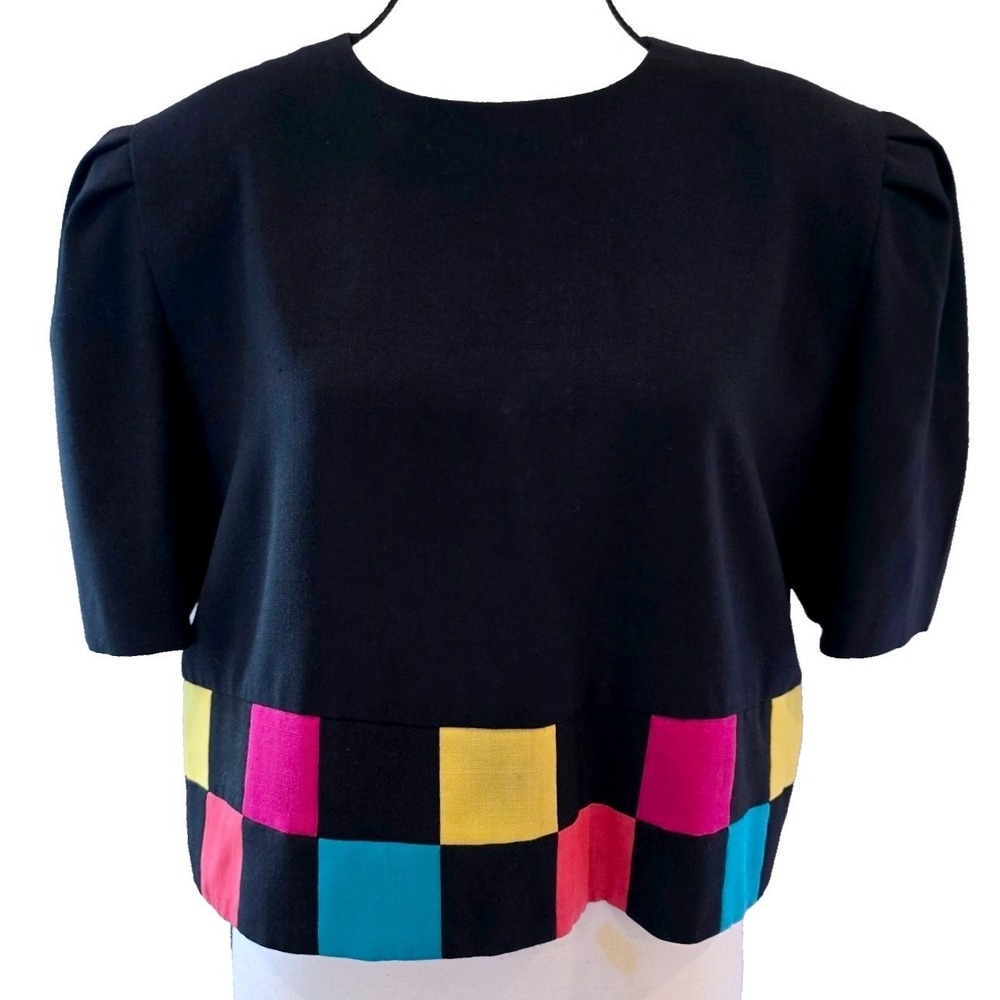 VTG Positive Attitude Blouse Womens M Colorblock Checkered Puff Crop‎ Top 90s